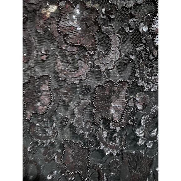 VINTAGE JUDITH ANN DRESS M BLACK SEQUIN BEADED TIERED RUFFLE SHEER MESH LACE - Picture 7 of 12